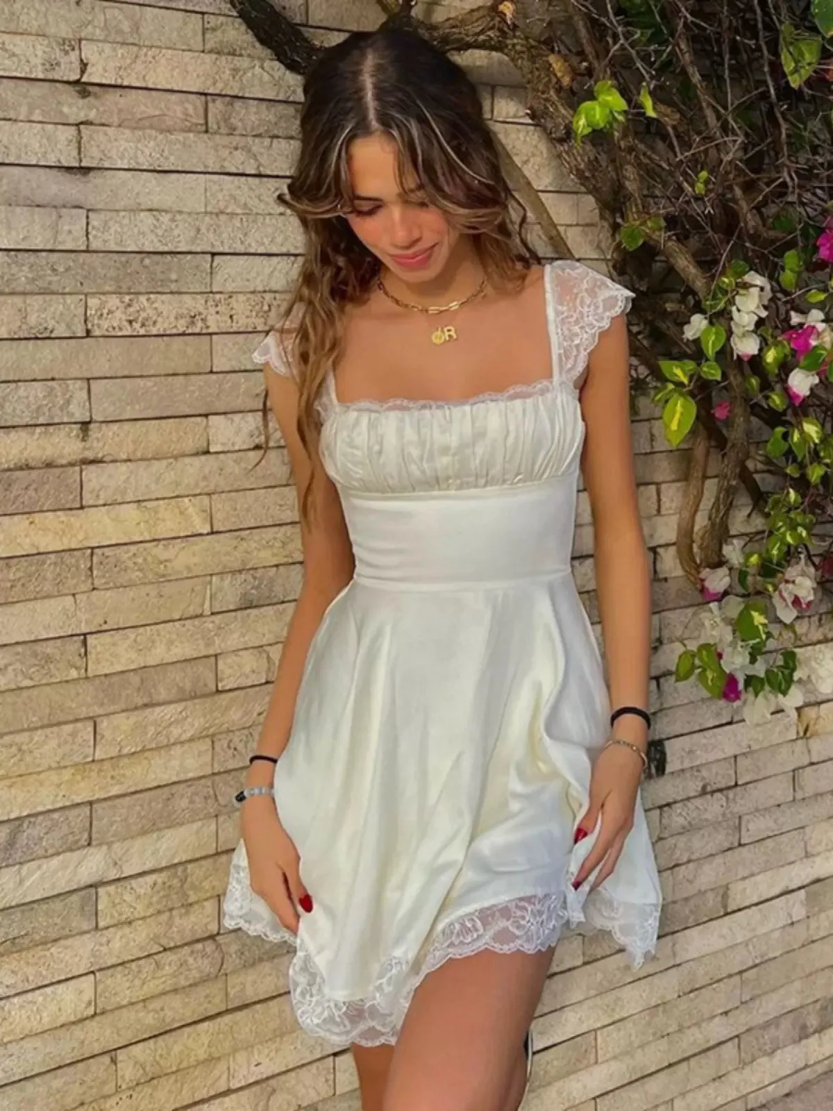 Avalena Lace Trim Mini Dress