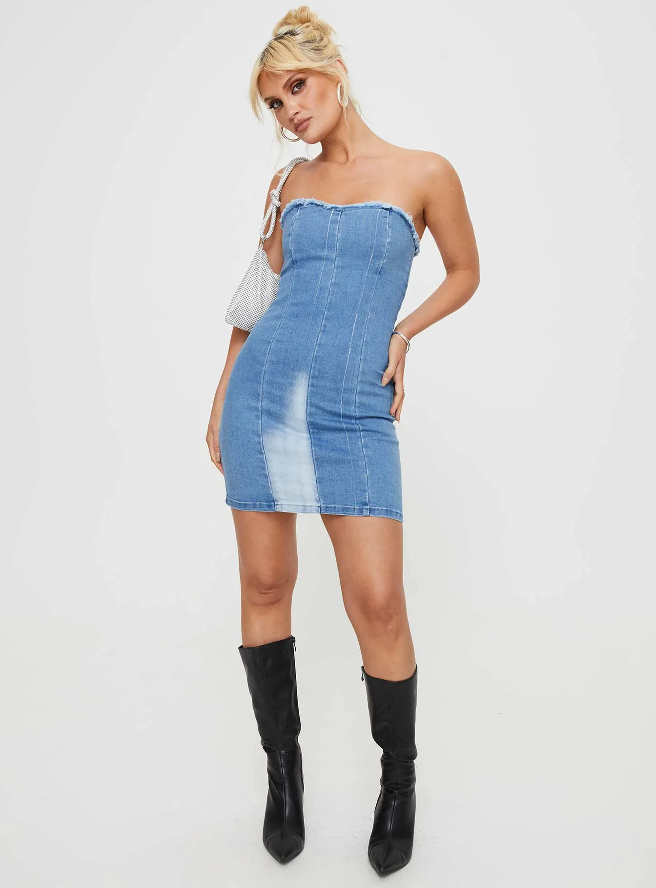 Battick Denim Strapless Mini Dress Blue