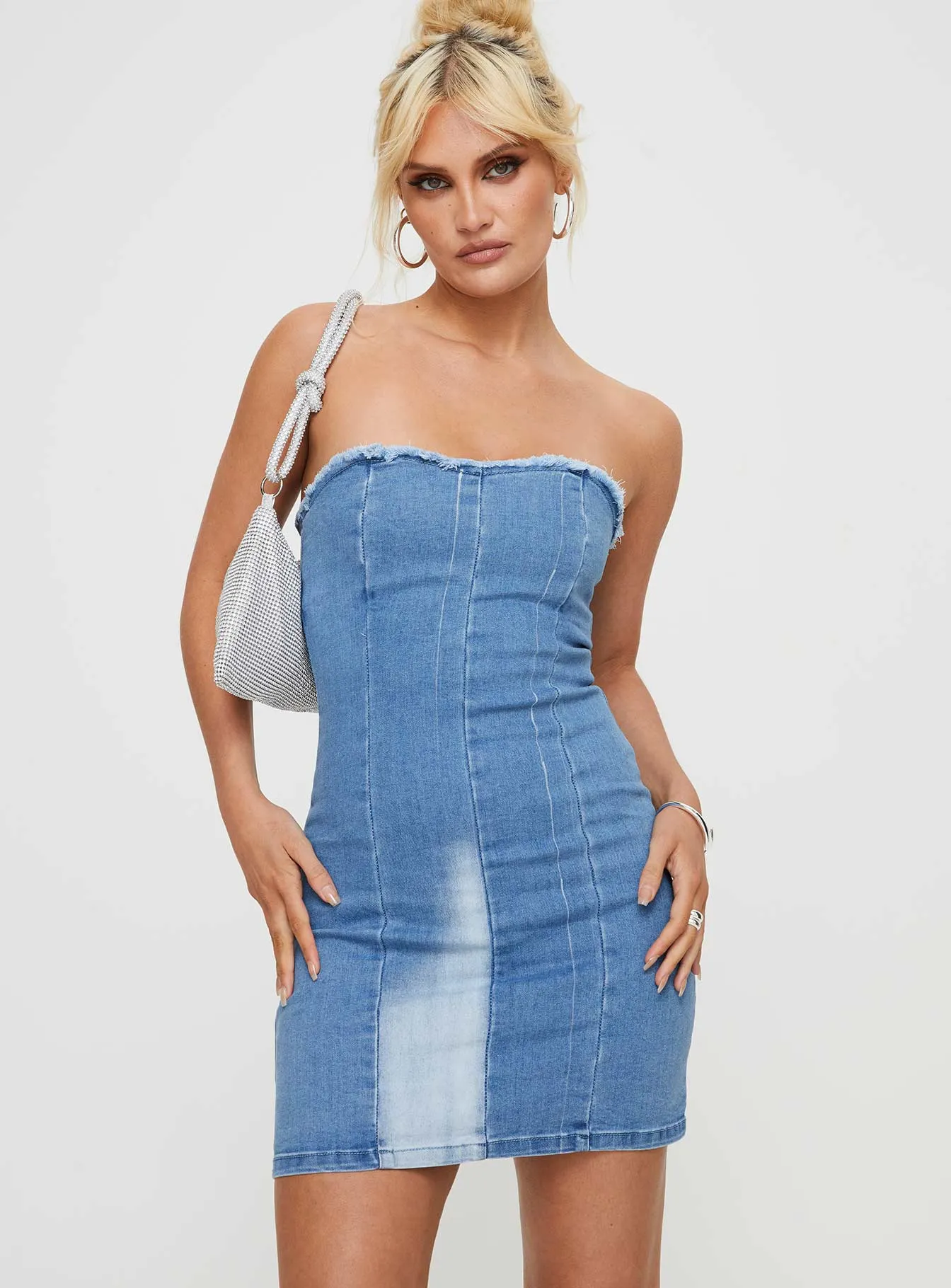 Battick Denim Strapless Mini Dress Blue