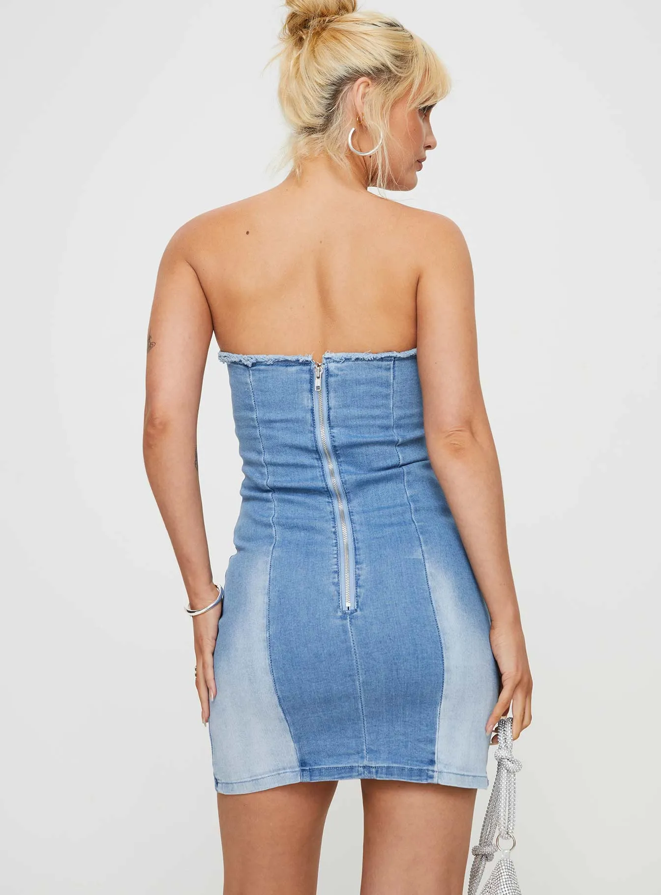 Battick Denim Strapless Mini Dress Blue