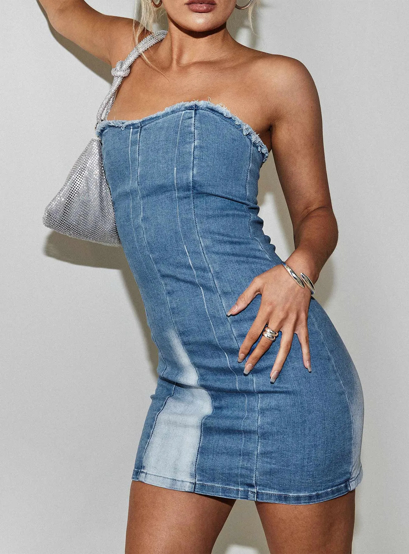 Battick Denim Strapless Mini Dress Blue