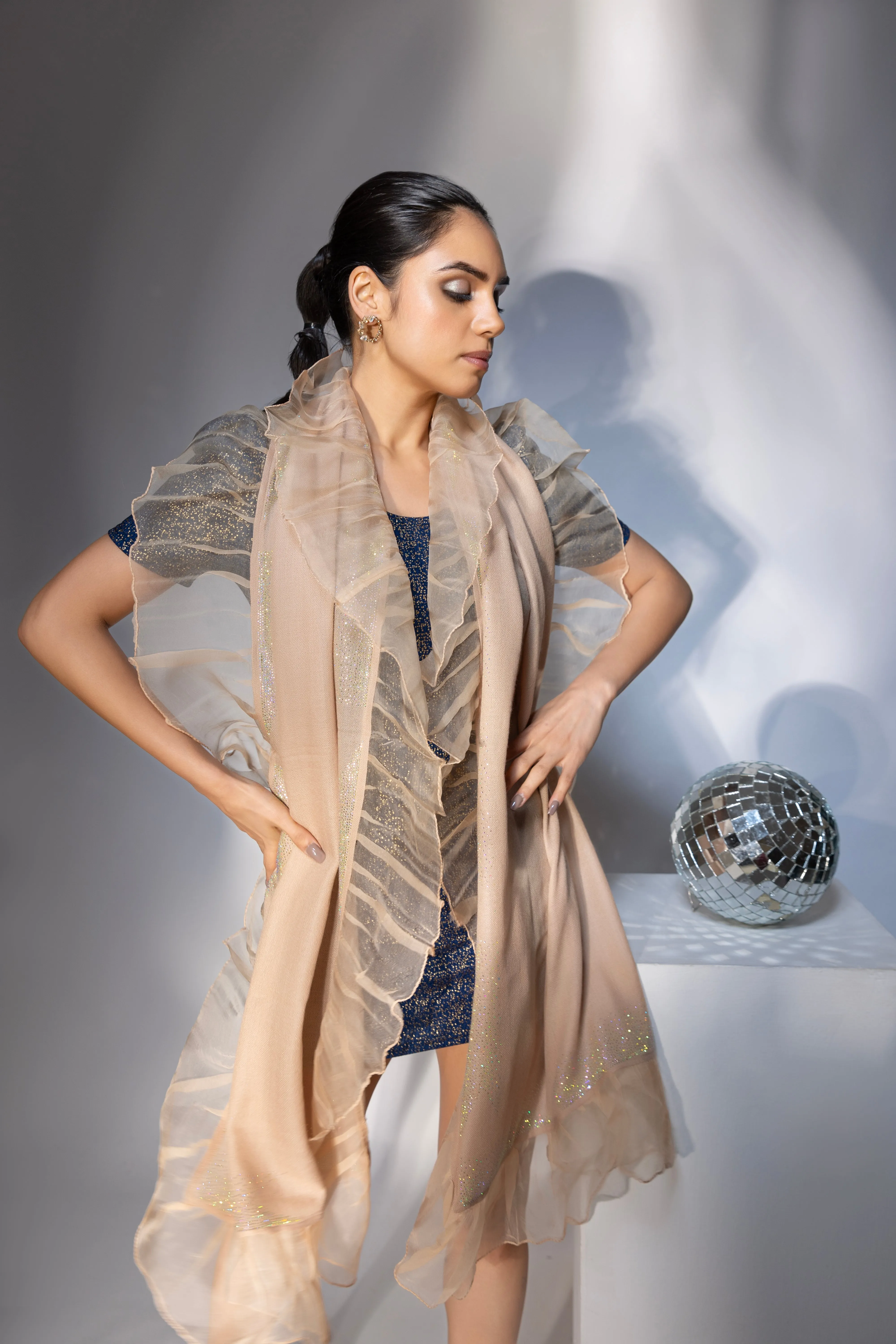 Beige ruffle shawl with swarovski, ideal shawl for gown