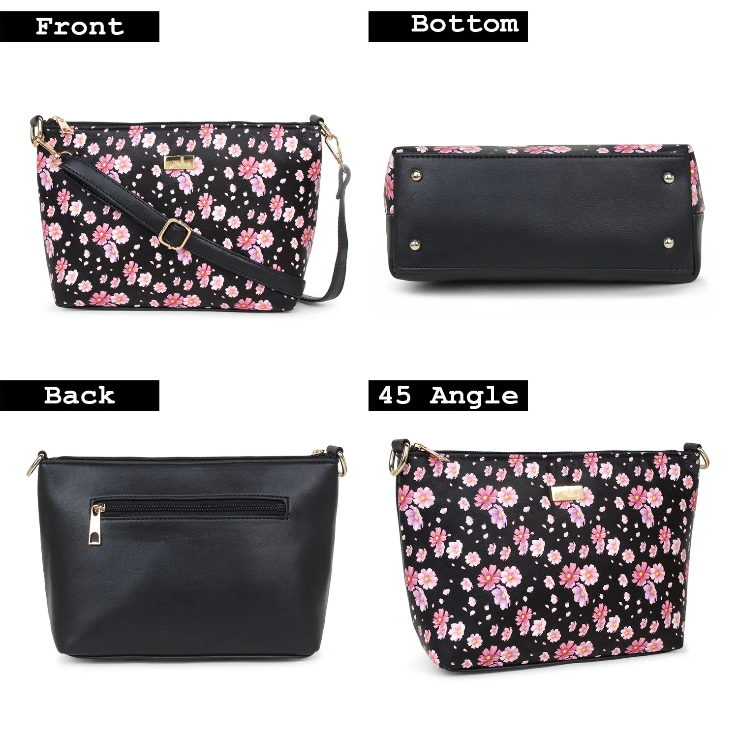 Black Floral Printed Structured Sling Bag