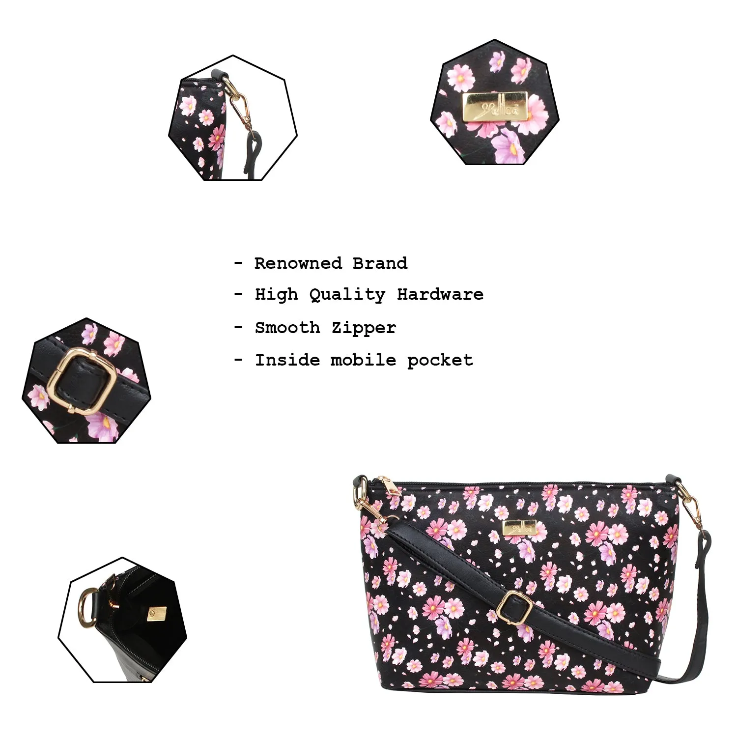 Black Floral Printed Structured Sling Bag