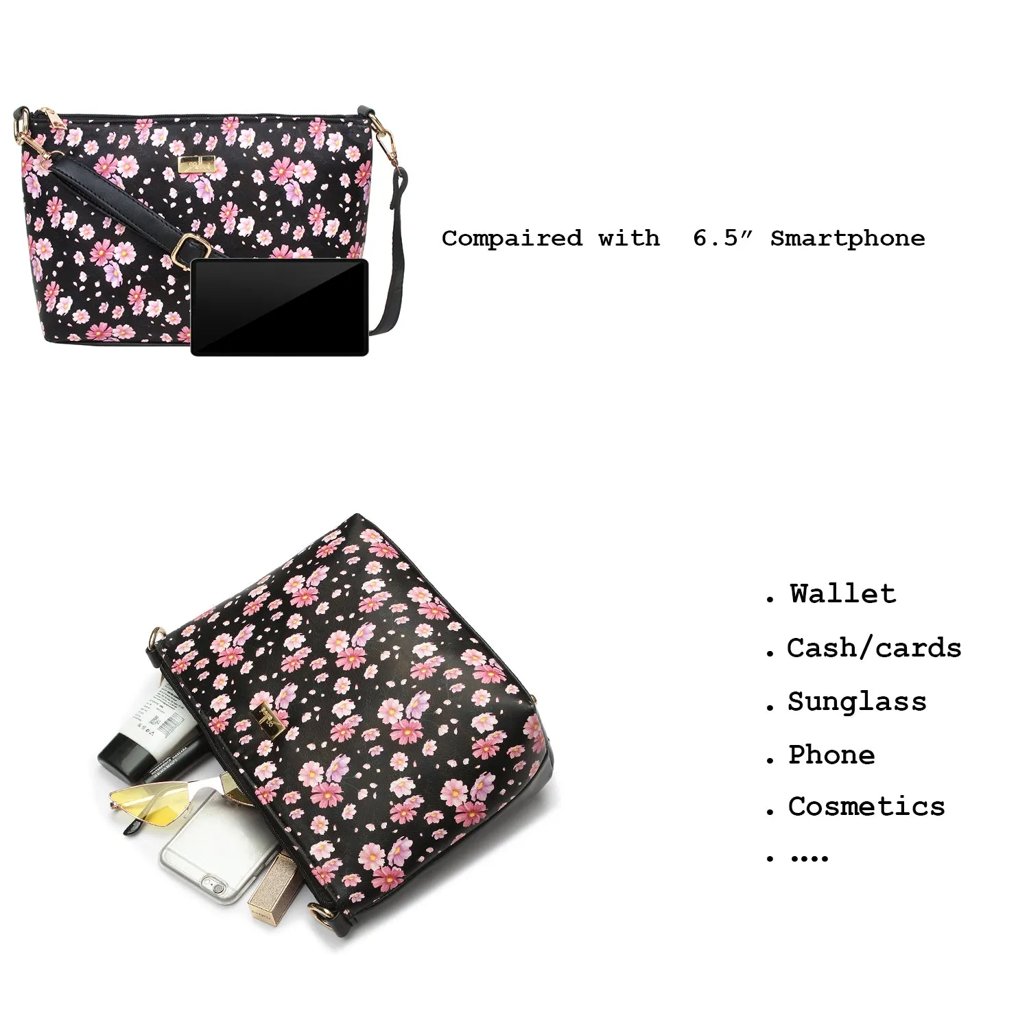 Black Floral Printed Structured Sling Bag