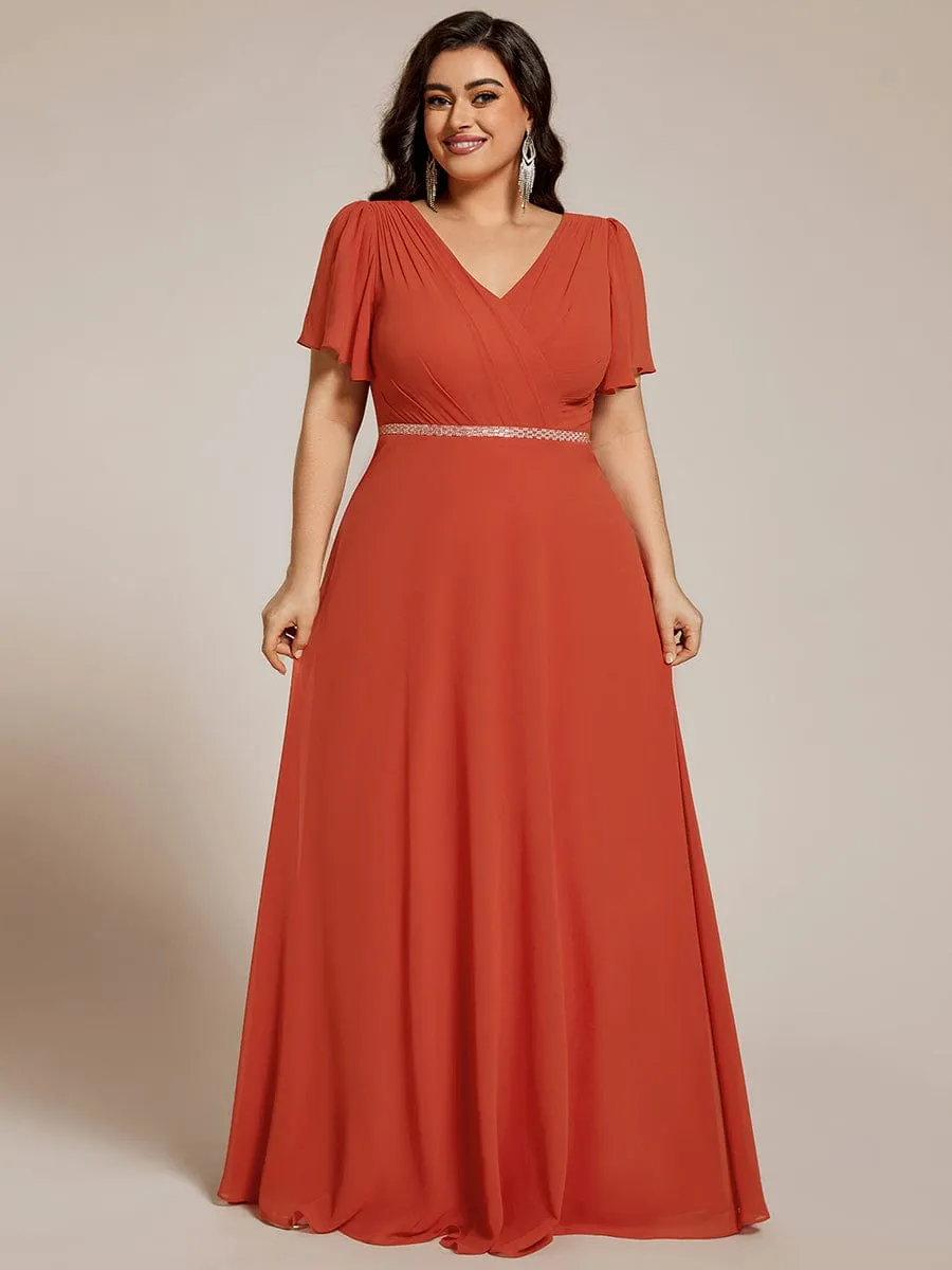 Gentle Clara | Plus Size Pleated A-Line Shiny Belt Chiffon Formal Evening Dress