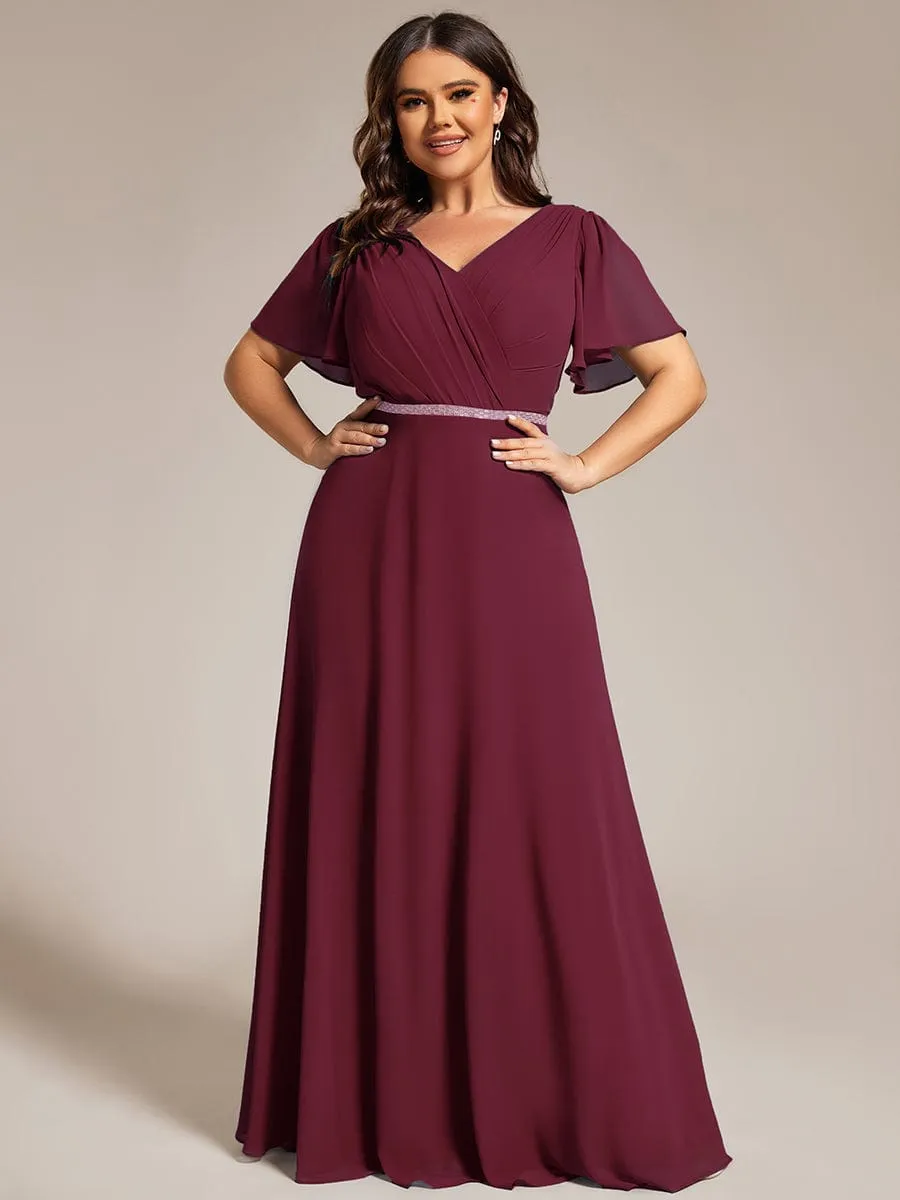 Gentle Clara | Plus Size Pleated A-Line Shiny Belt Chiffon Formal Evening Dress