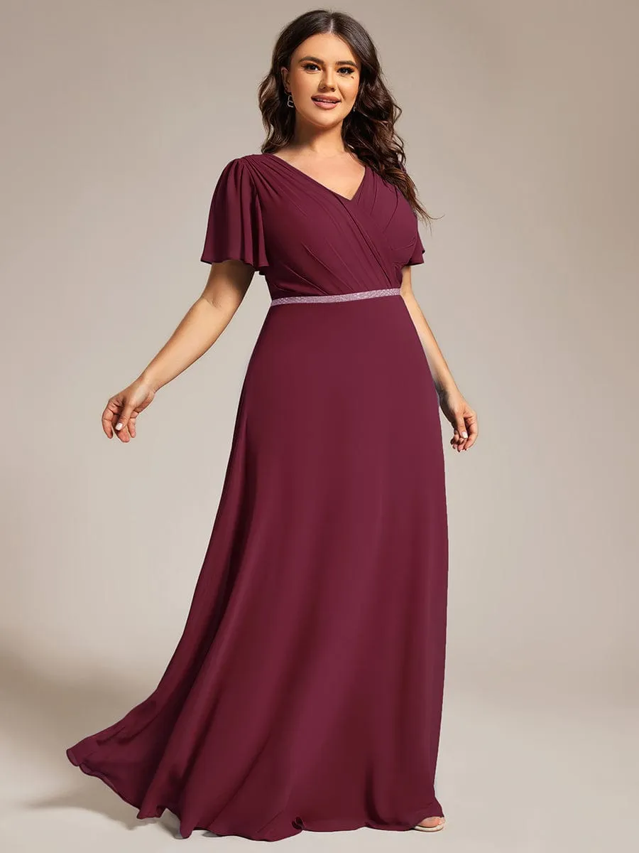 Gentle Clara | Plus Size Pleated A-Line Shiny Belt Chiffon Formal Evening Dress