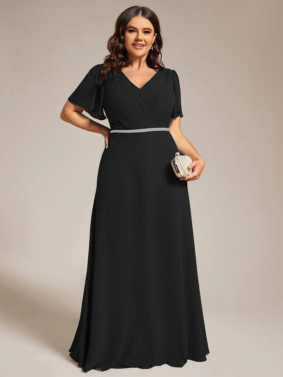 Gentle Clara | Plus Size Pleated A-Line Shiny Belt Chiffon Formal Evening Dress