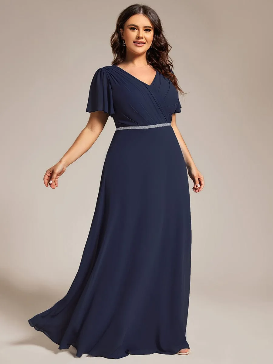 Gentle Clara | Plus Size Pleated A-Line Shiny Belt Chiffon Formal Evening Dress