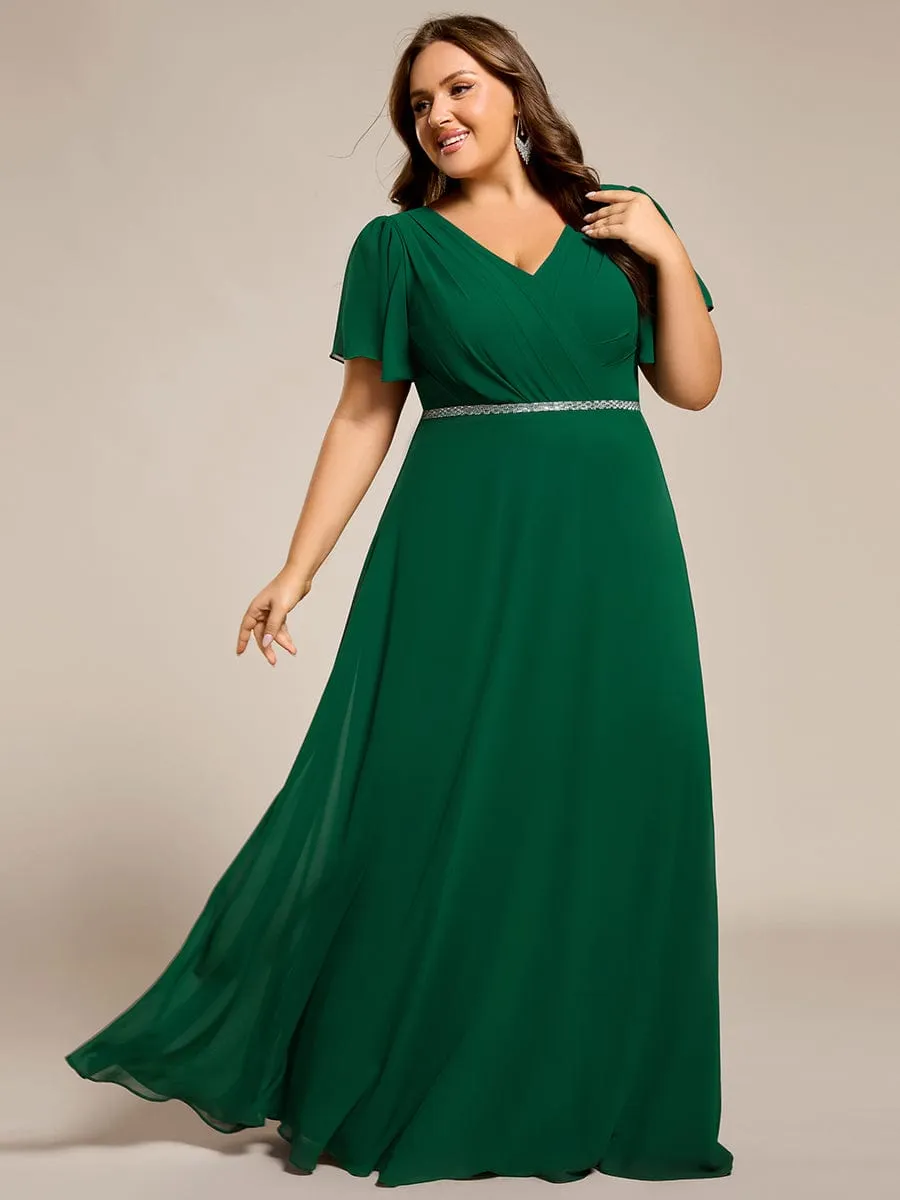 Gentle Clara | Plus Size Pleated A-Line Shiny Belt Chiffon Formal Evening Dress