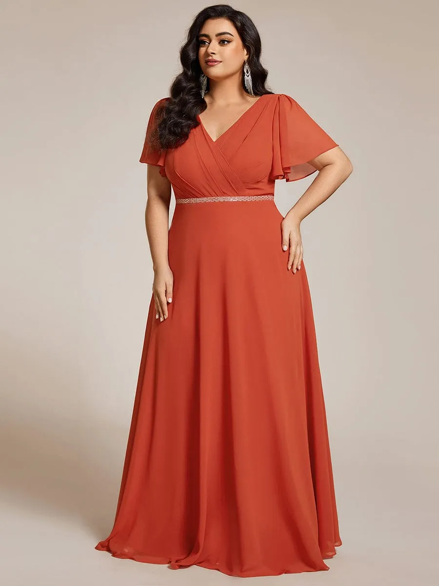 Gentle Clara | Plus Size Pleated A-Line Shiny Belt Chiffon Formal Evening Dress