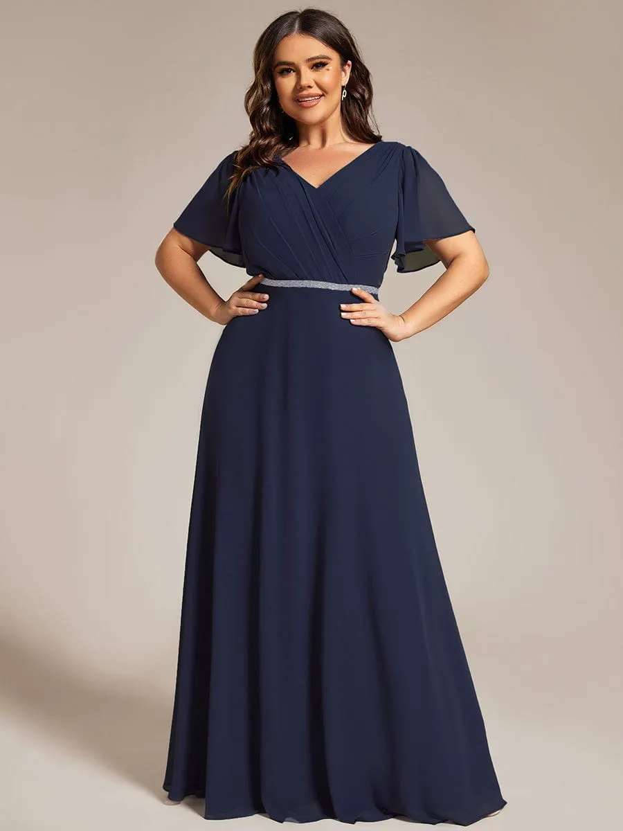 Gentle Clara | Plus Size Pleated A-Line Shiny Belt Chiffon Formal Evening Dress