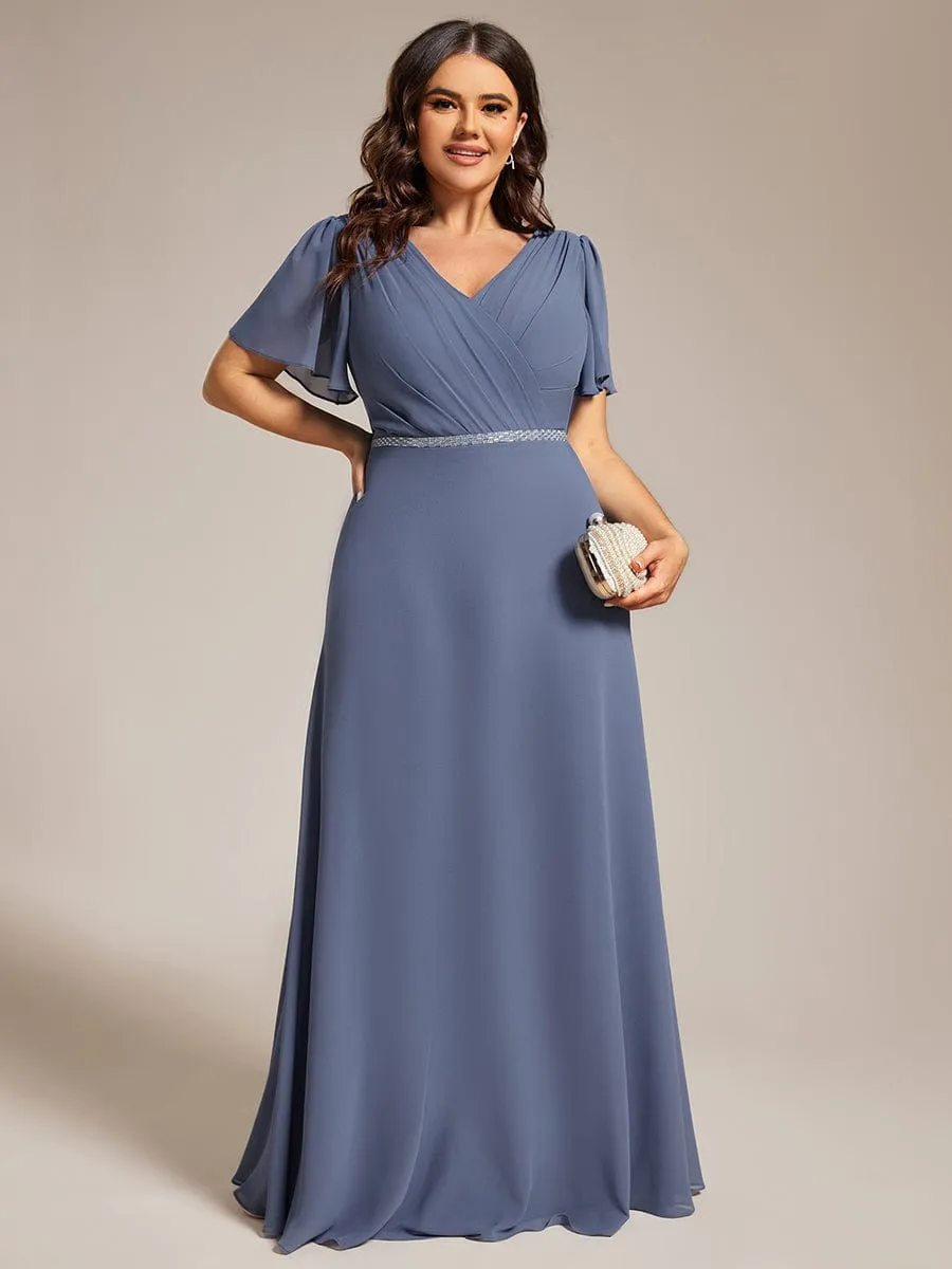 Gentle Clara | Plus Size Pleated A-Line Shiny Belt Chiffon Formal Evening Dress