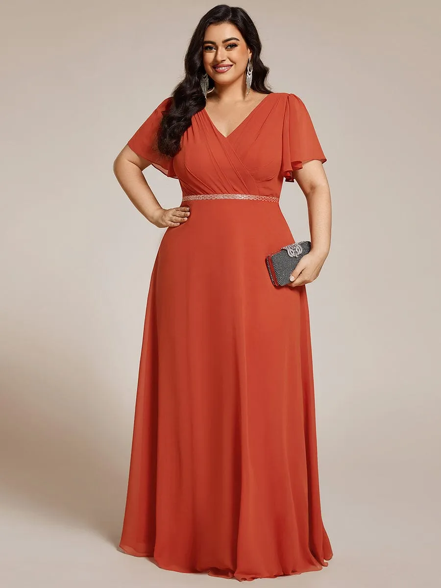 Gentle Clara | Plus Size Pleated A-Line Shiny Belt Chiffon Formal Evening Dress