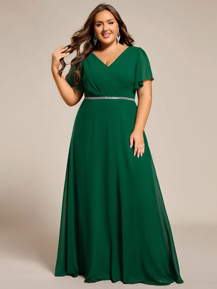 Gentle Clara | Plus Size Pleated A-Line Shiny Belt Chiffon Formal Evening Dress