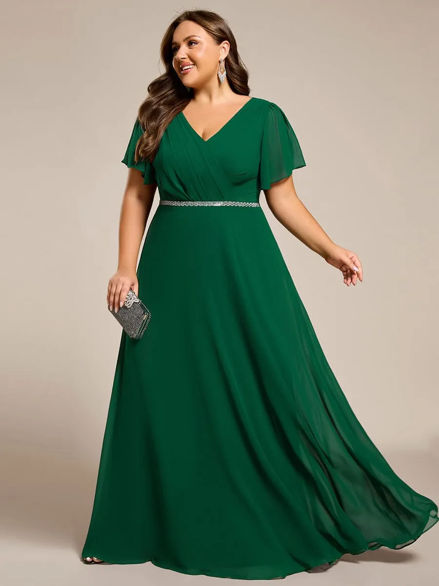 Gentle Clara | Plus Size Pleated A-Line Shiny Belt Chiffon Formal Evening Dress