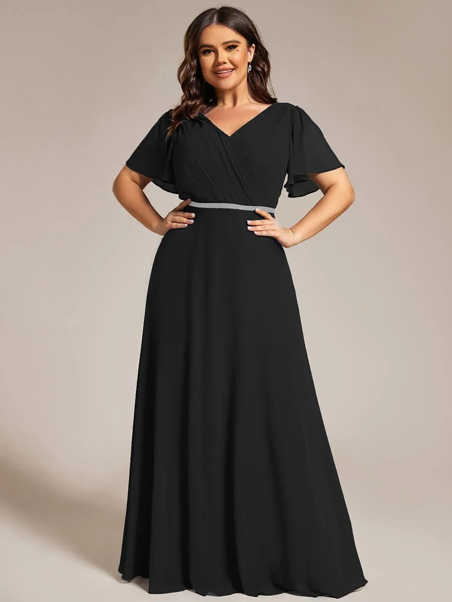 Gentle Clara | Plus Size Pleated A-Line Shiny Belt Chiffon Formal Evening Dress