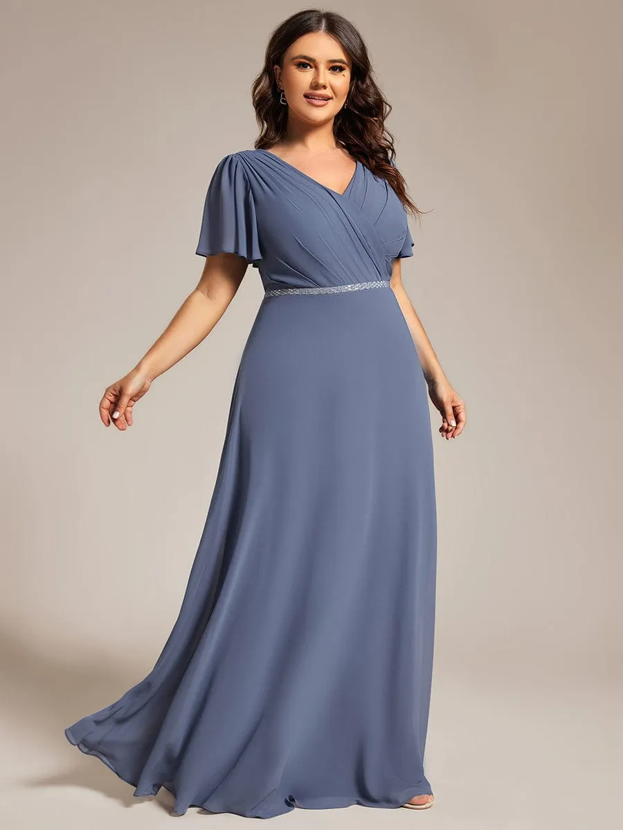 Gentle Clara | Plus Size Pleated A-Line Shiny Belt Chiffon Formal Evening Dress