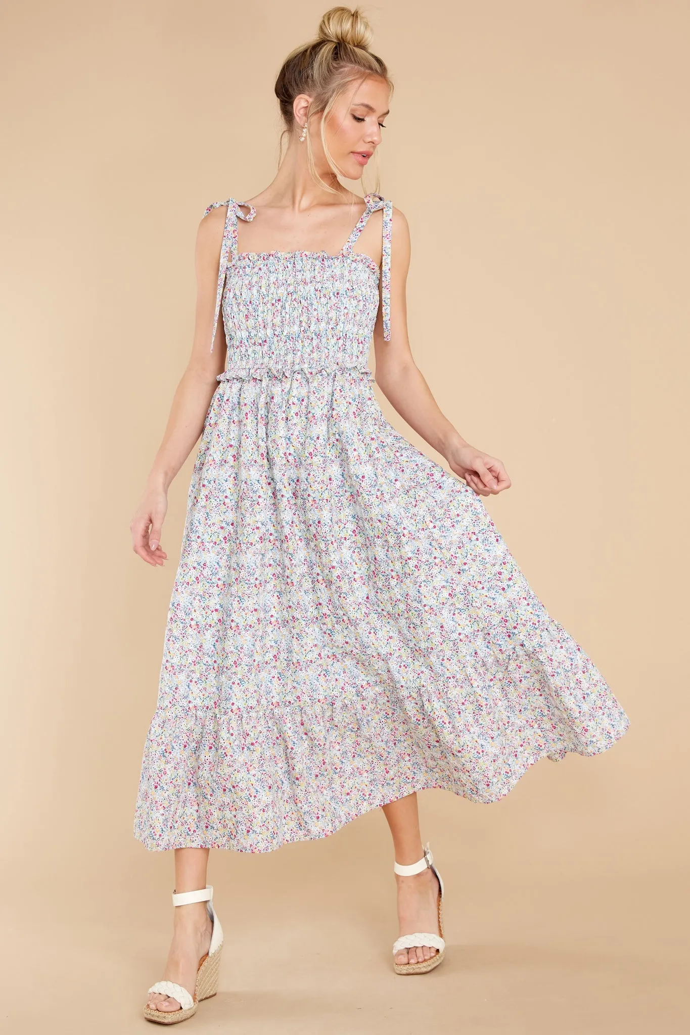 Gentle Greetings Powder Blue Multi Floral Print Midi Dress