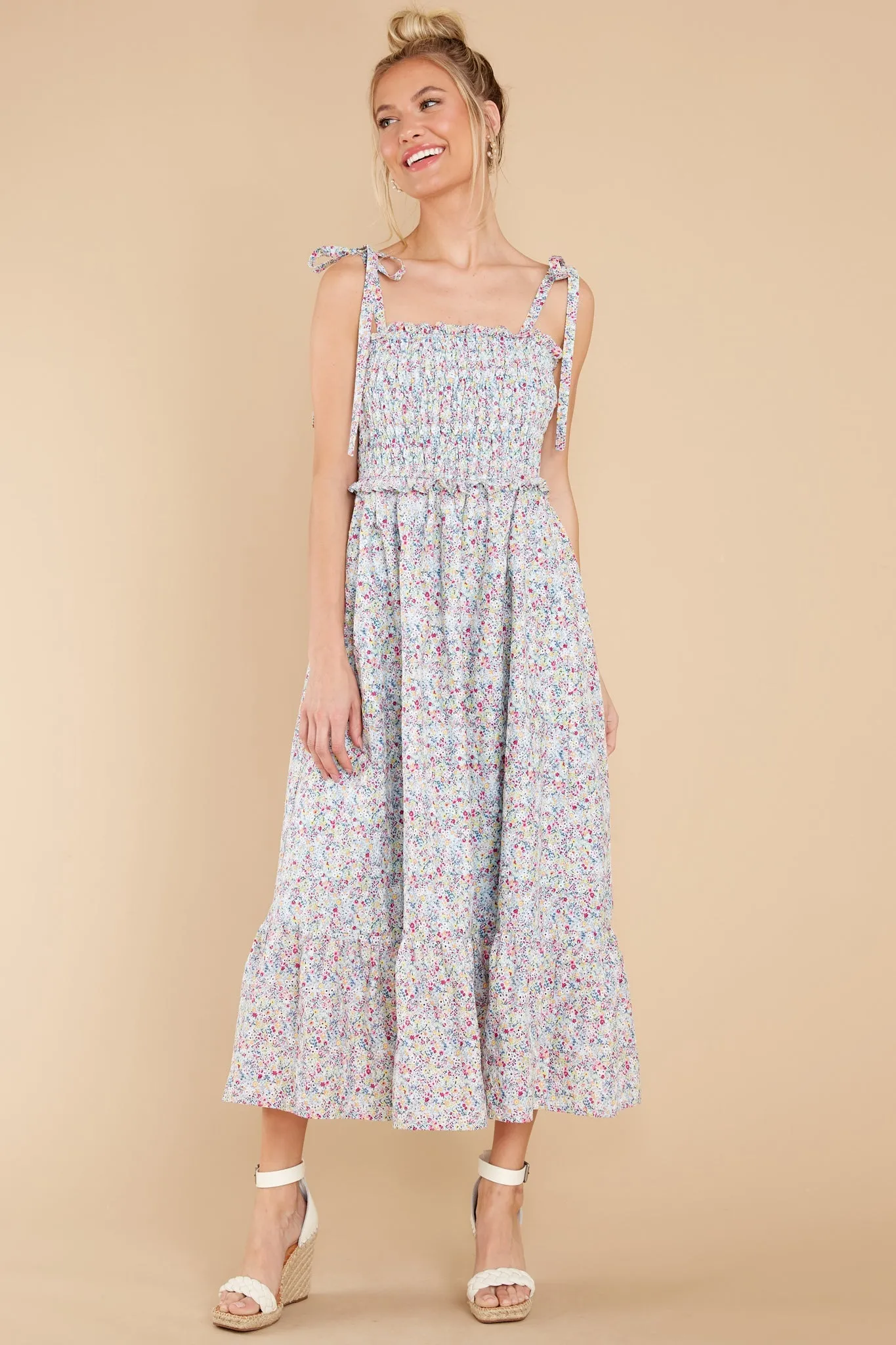 Gentle Greetings Powder Blue Multi Floral Print Midi Dress