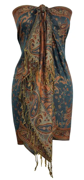 Green and Gold Peach Couture Elegant Double Layer Reversible Paisley Pashmina Shawl Wrap Scarf