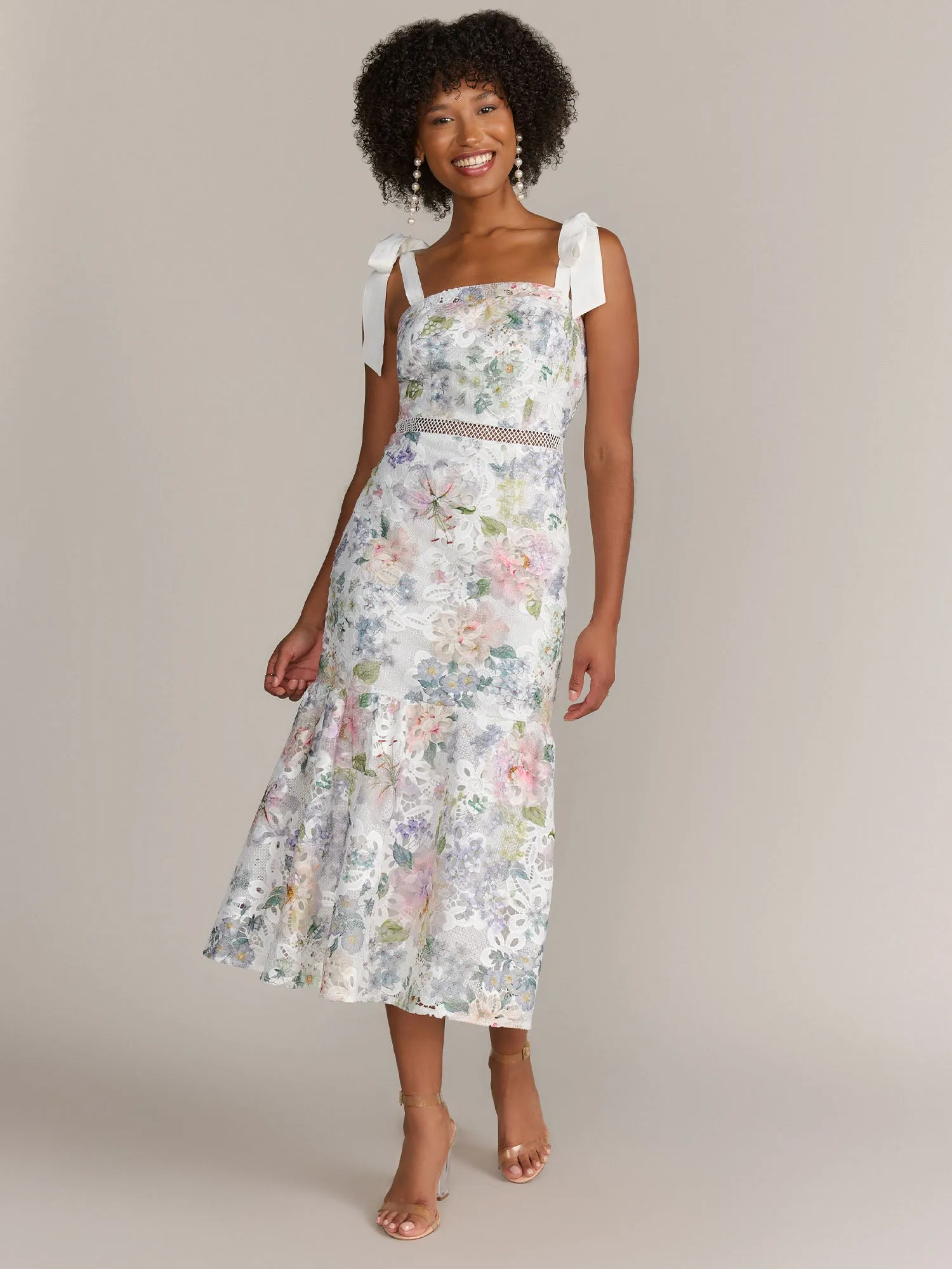 Just Me Tie Shoulder Floral Print Lace Midi Dress - Brands We Love