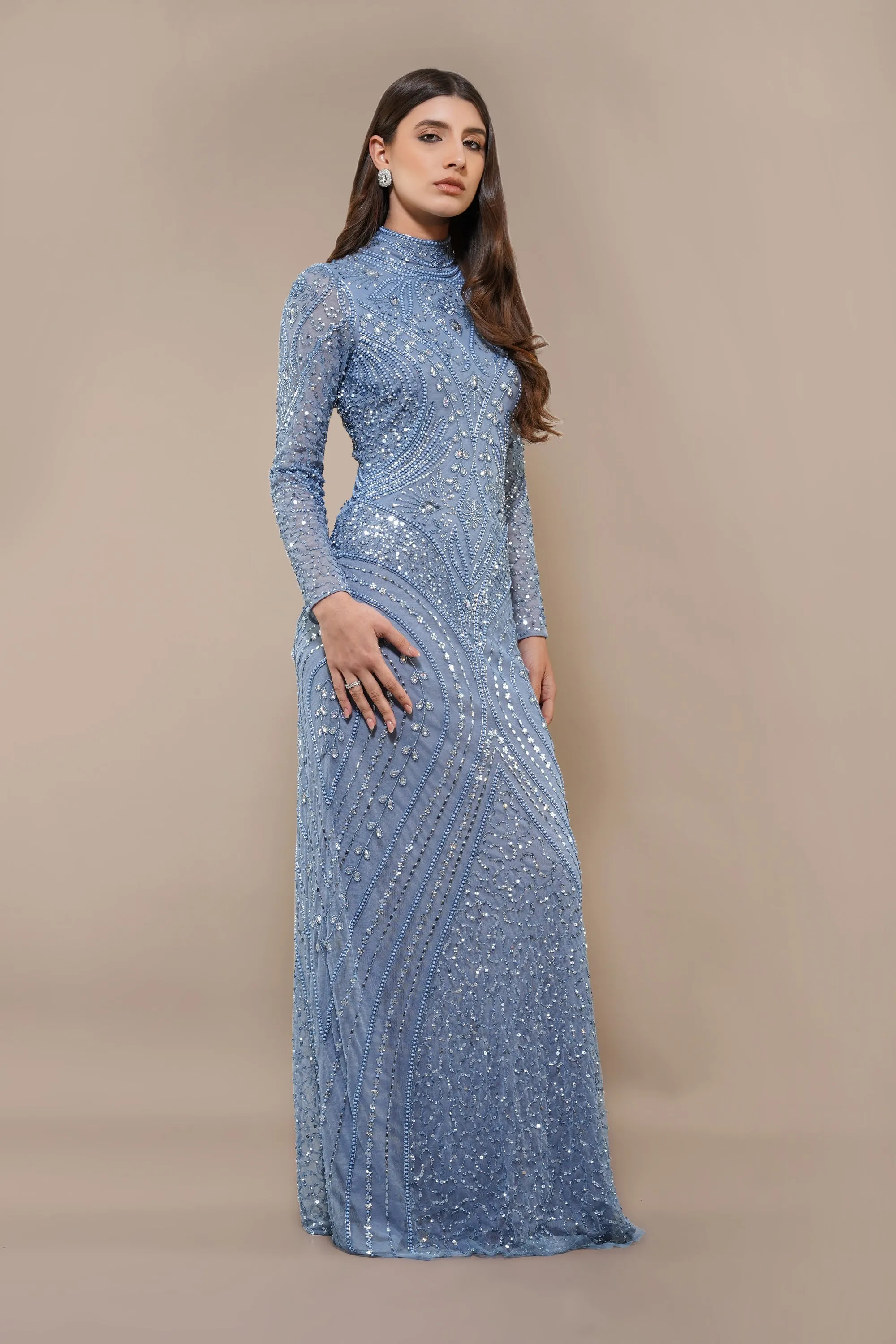 Lotus Embellished Maxi Dress in Light Blue