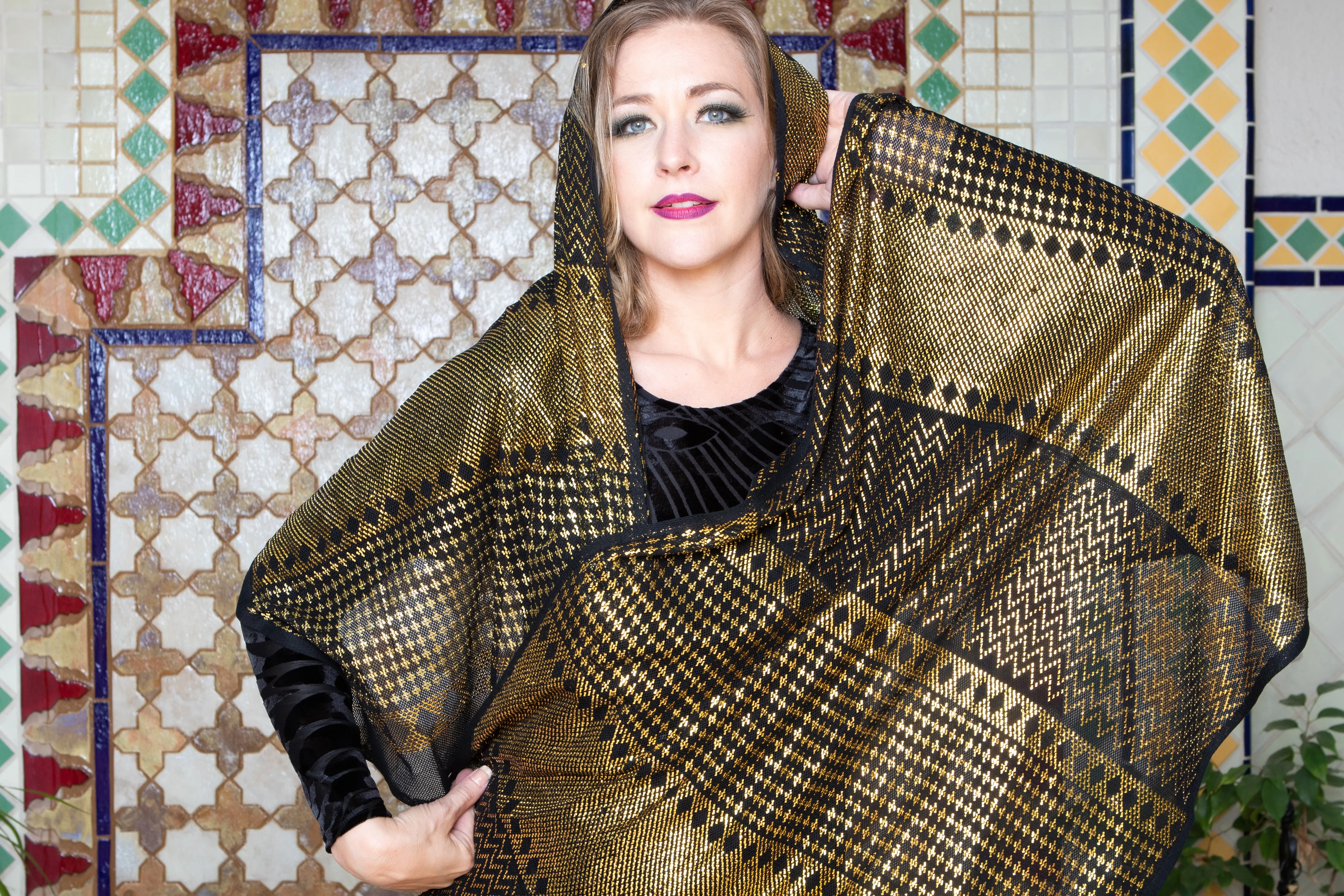 Modern Black and Gold Assuit Shawl With Mixed Diamonds Design