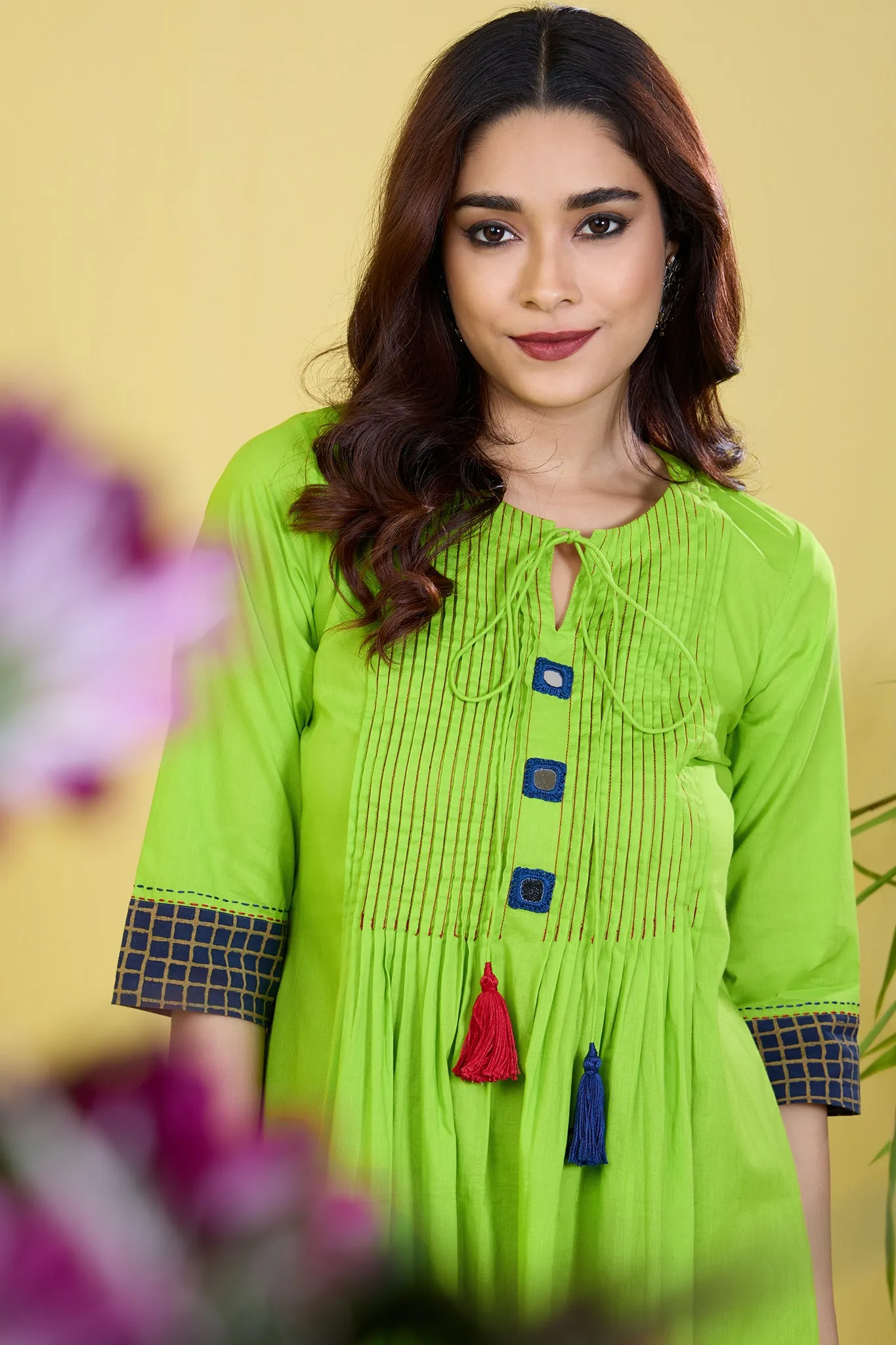 pintuck green long kurta with slit zesty lime