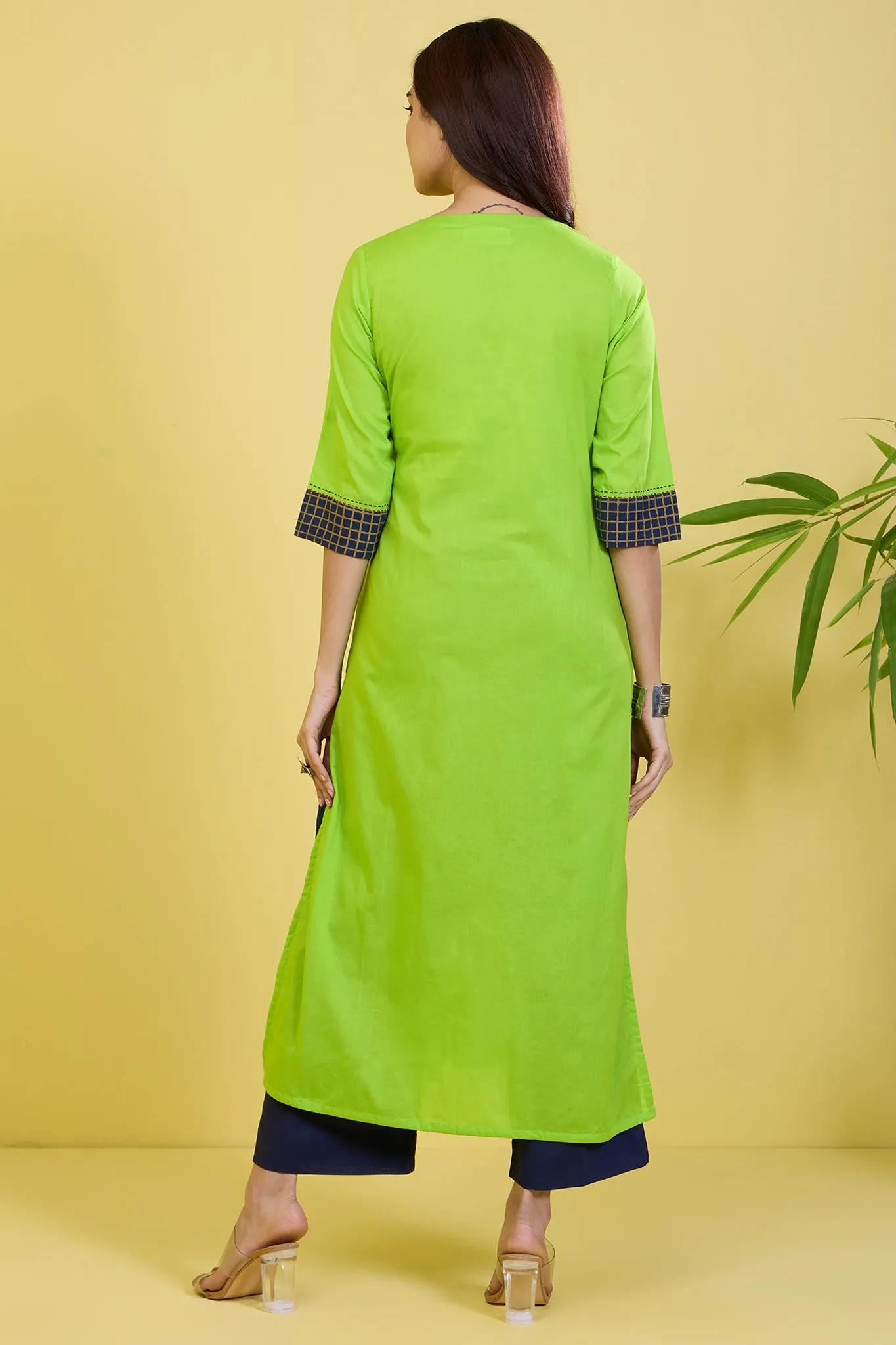 pintuck green long kurta with slit zesty lime