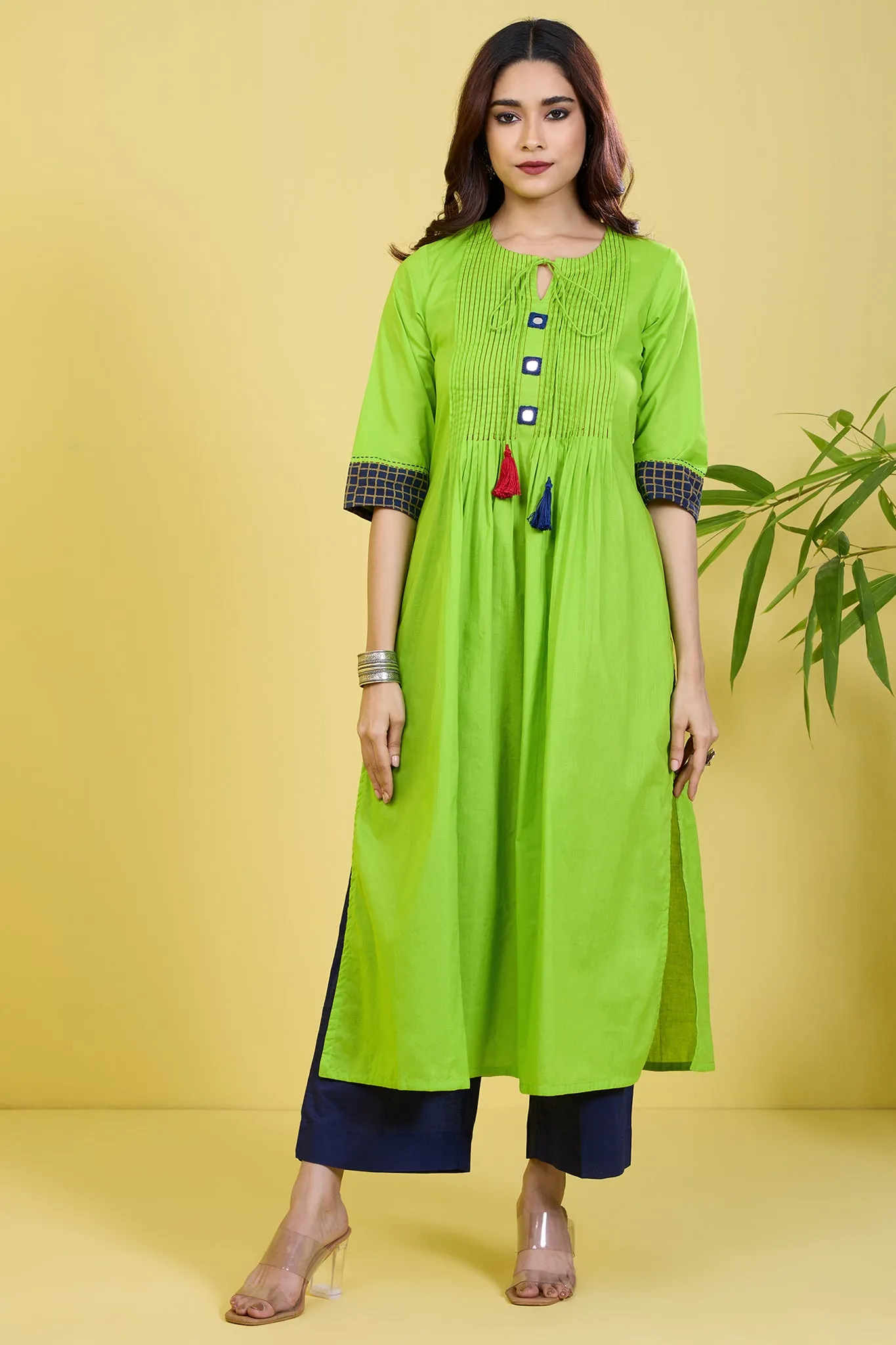 pintuck green long kurta with slit zesty lime