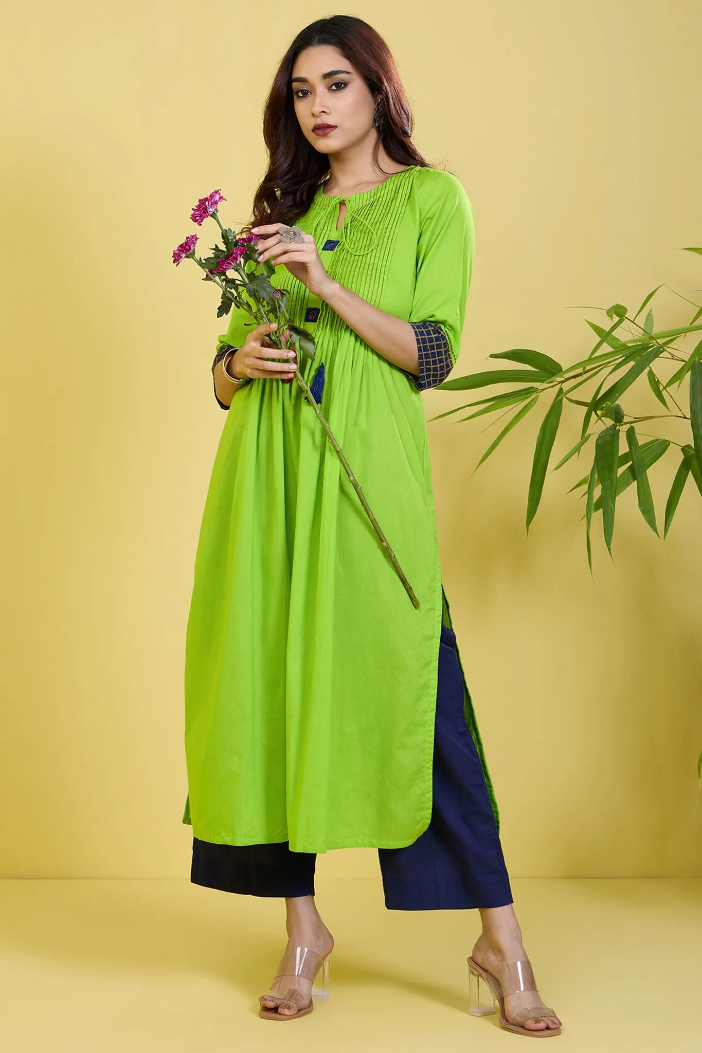 pintuck green long kurta with slit zesty lime