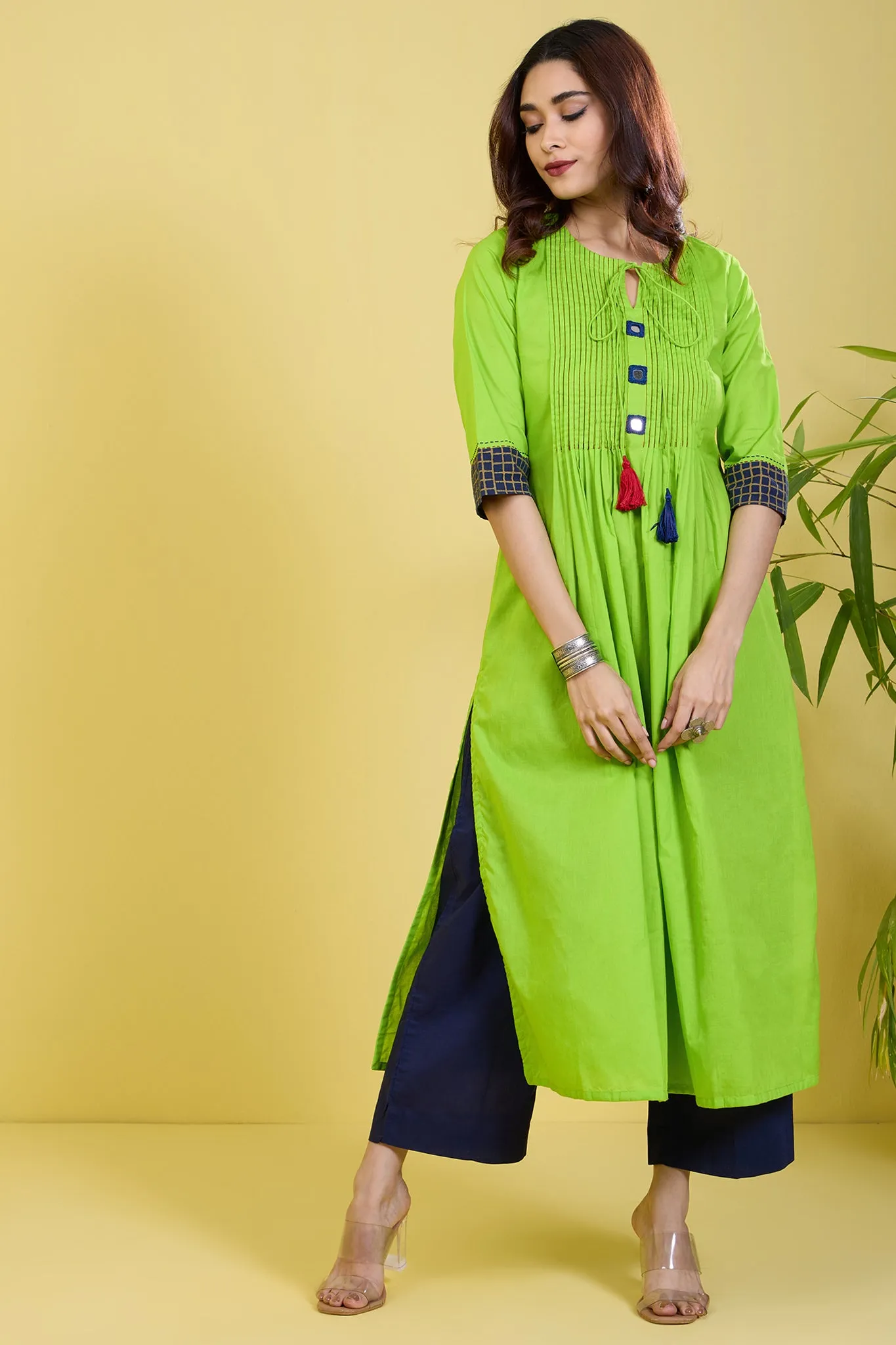 pintuck green long kurta with slit zesty lime