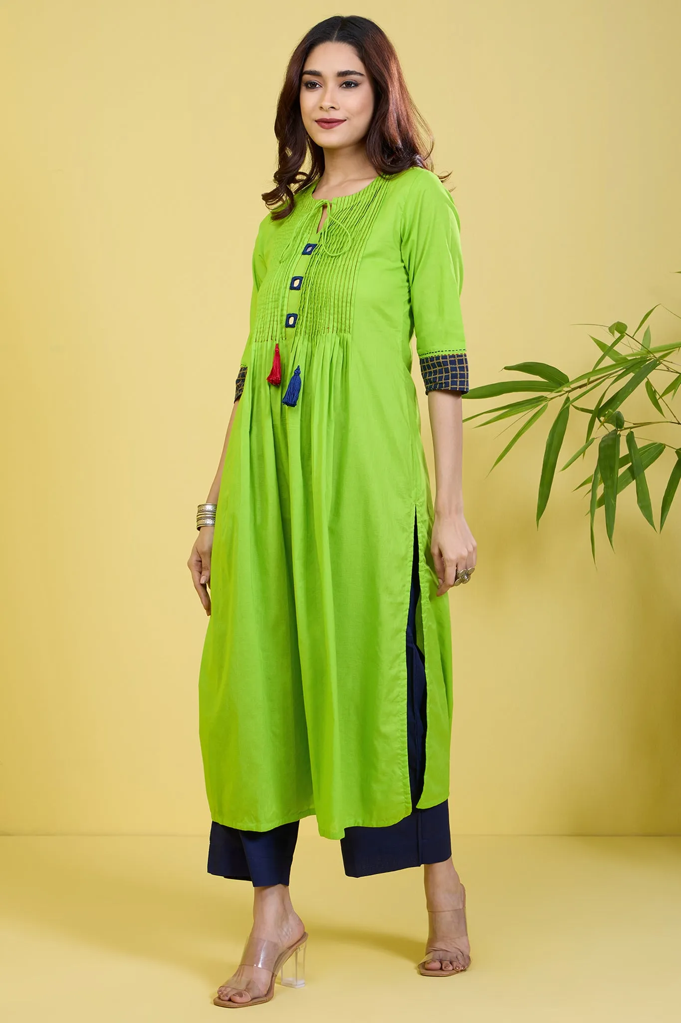 pintuck green long kurta with slit zesty lime