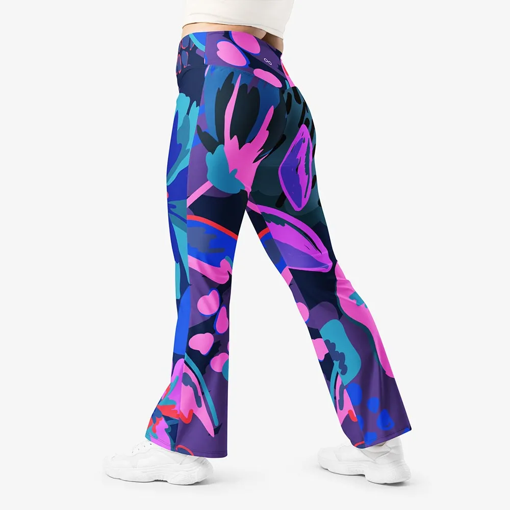 Recycled Flare leggings "Flower Splash" Blue/Fuchsia