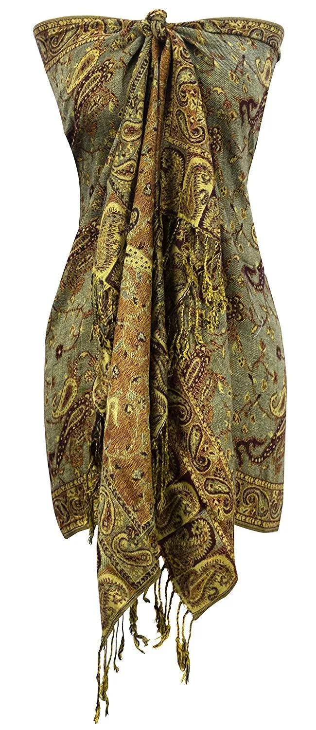 Sage Peach Couture Elegant Double Layer Reversible Paisley Pashmina Shawl Wrap Scarf