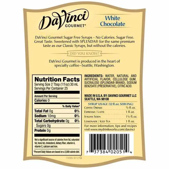 Sugar Free White Chocolate DaVinci Syrup Bottle - 750mL