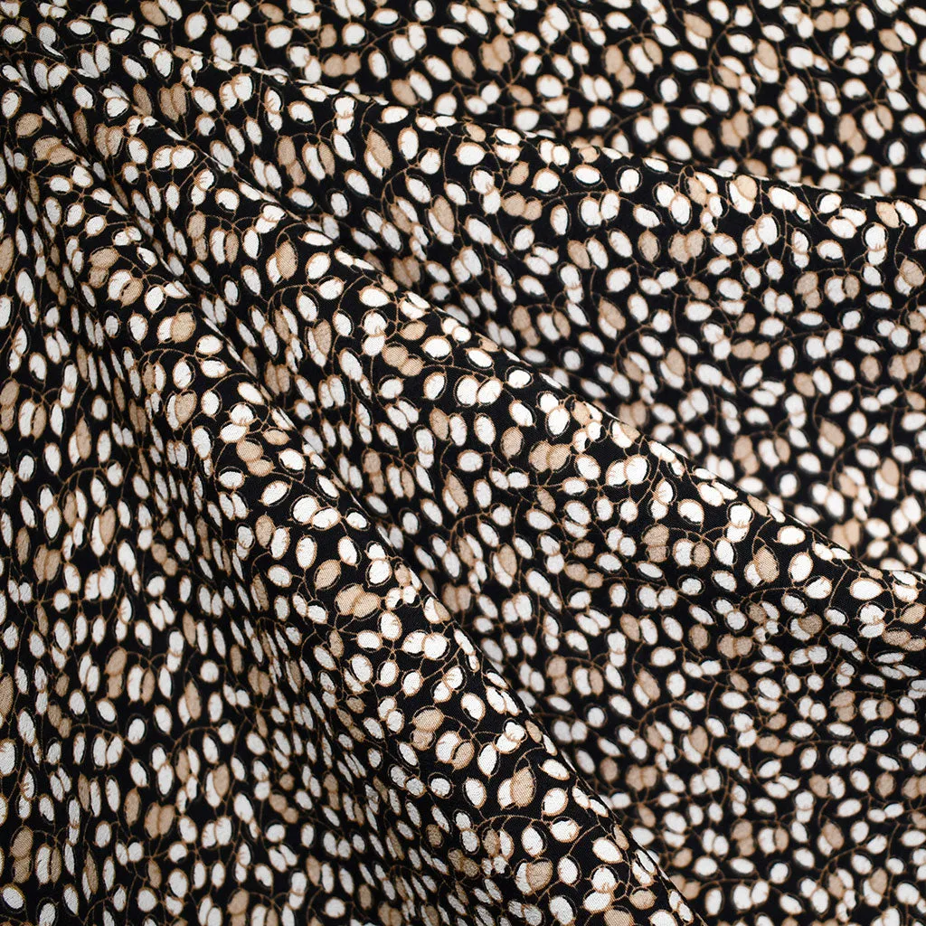 Tiny Vine Leaves Rayon Crepe Black/Latte