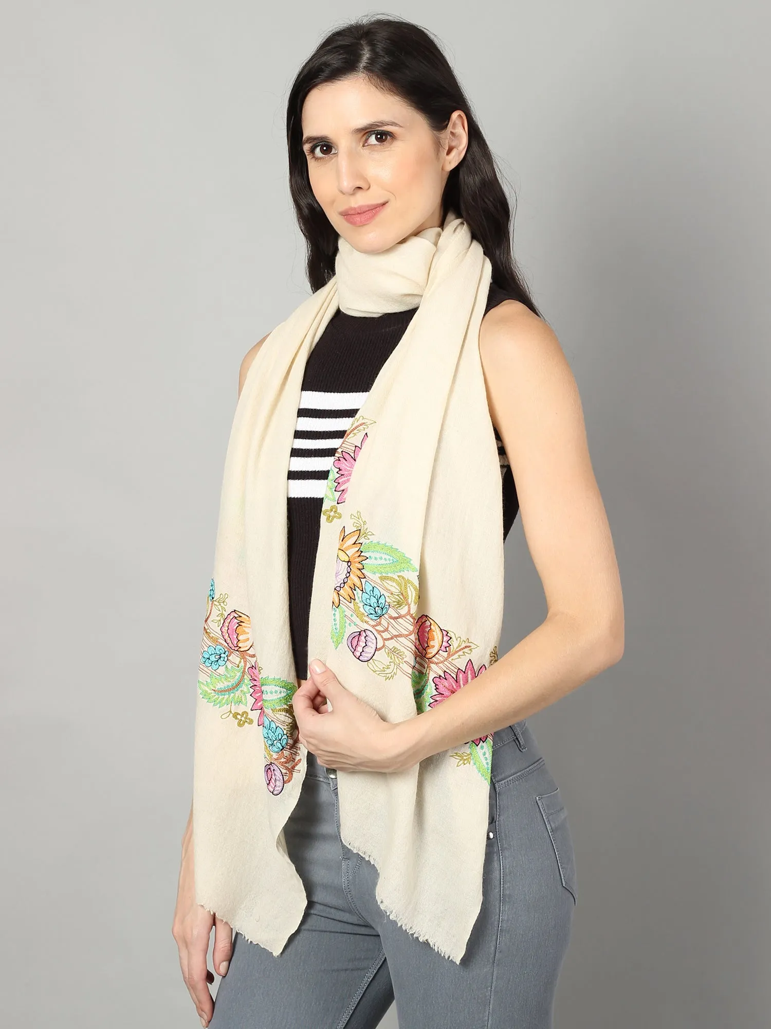 White Pure Pashmina Shawl with Floral Embroidery