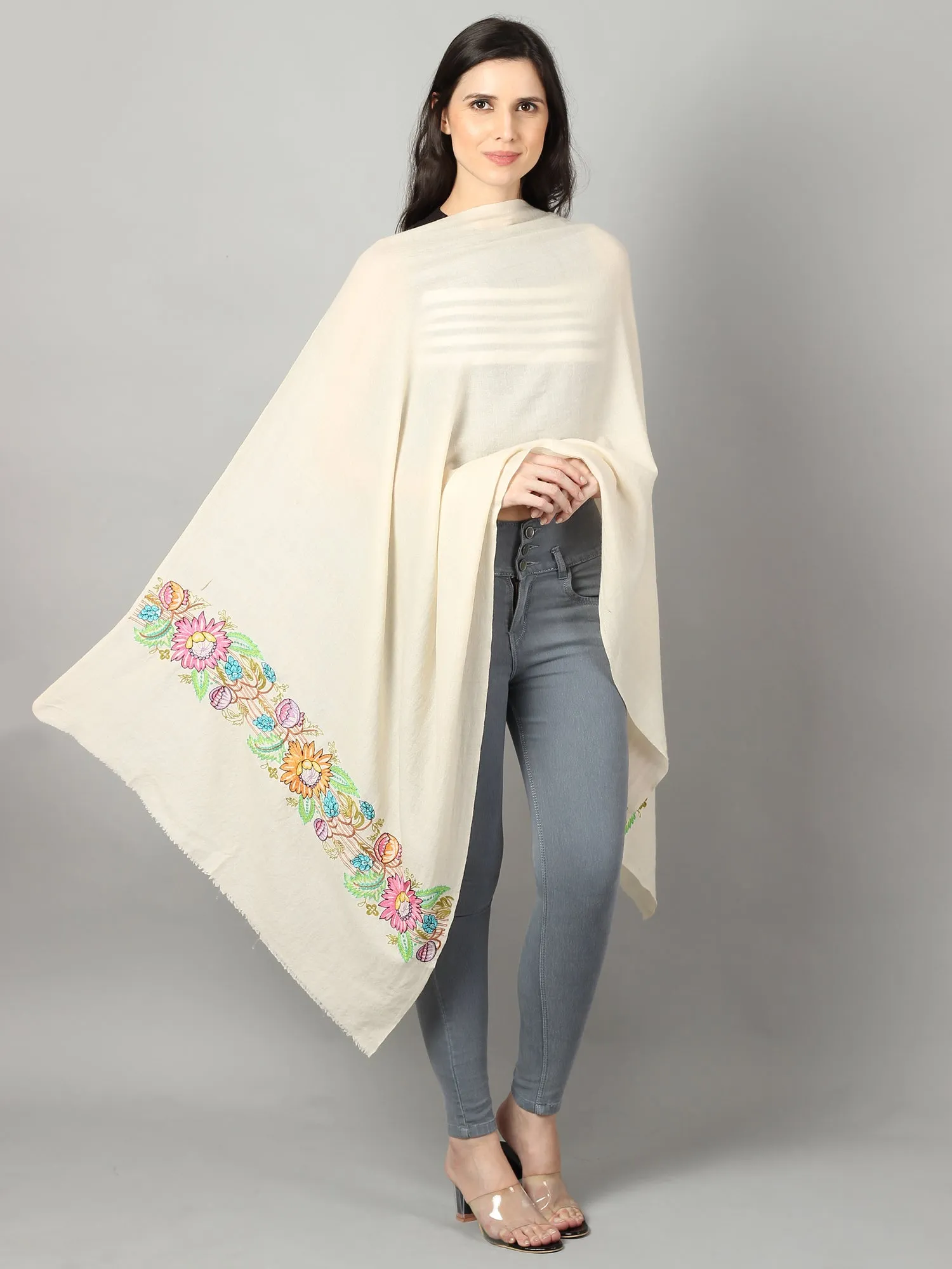 White Pure Pashmina Shawl with Floral Embroidery