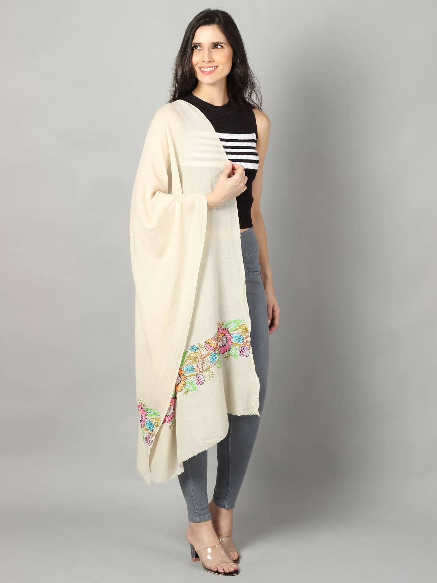 White Pure Pashmina Shawl with Floral Embroidery