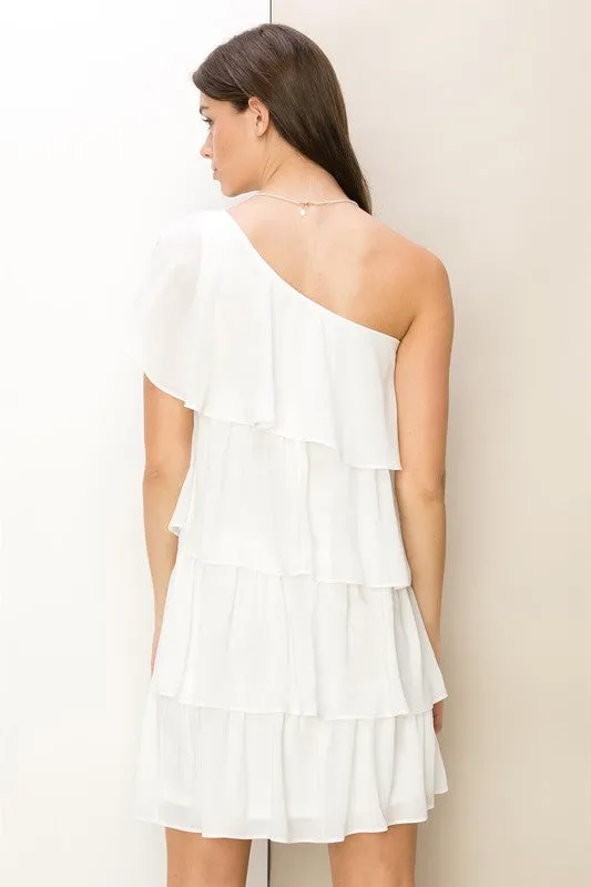 White Romantic Flair One-Shoulder Ruffled Mini Dress